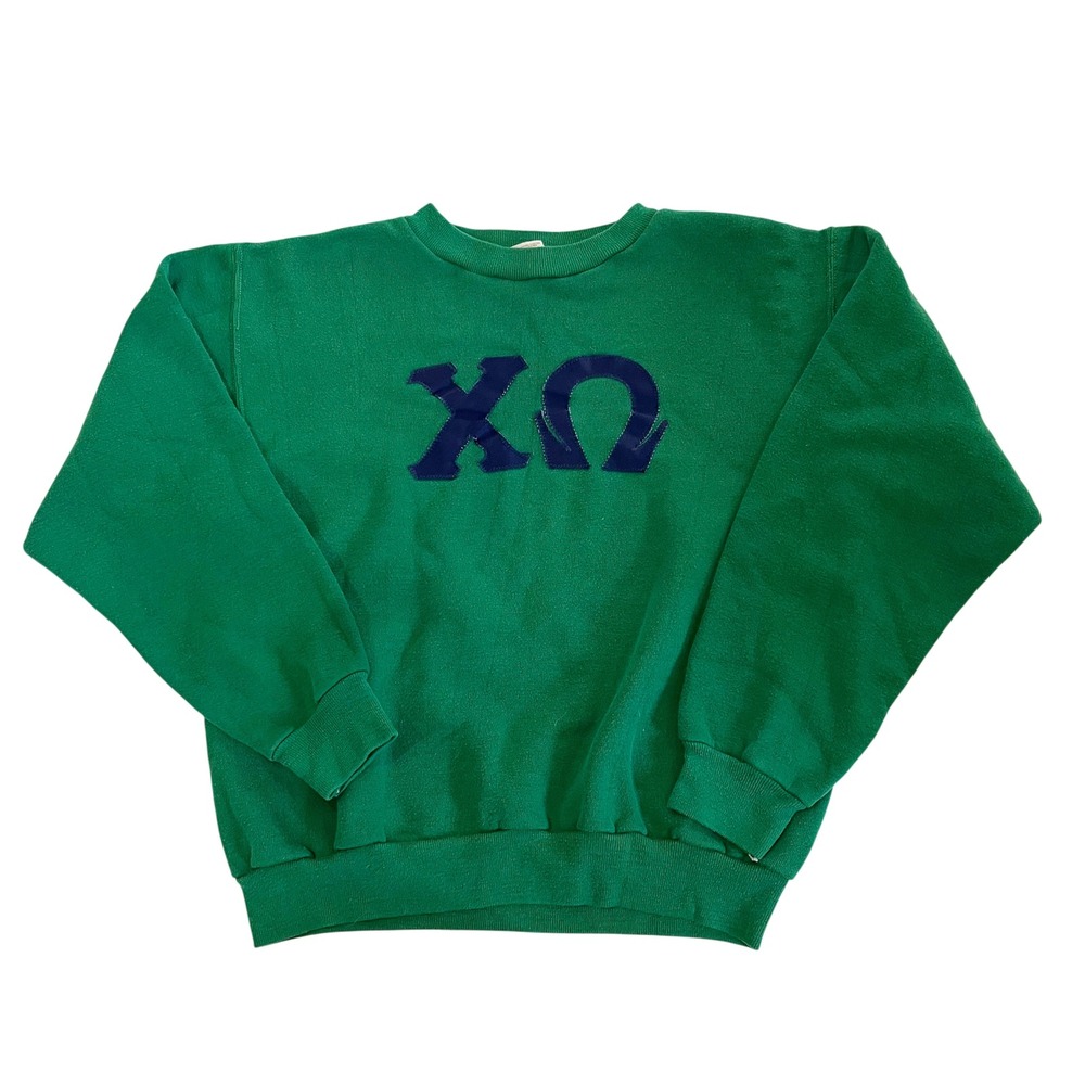 Vintage 70s Russell Athletic Chi Omega Sorority Sweatshirt Green Greek SMALL